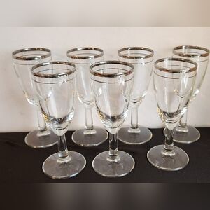 7 MCM Glasses Silver Rim Wine Champagne Crystal Vintage Appertif Stem
